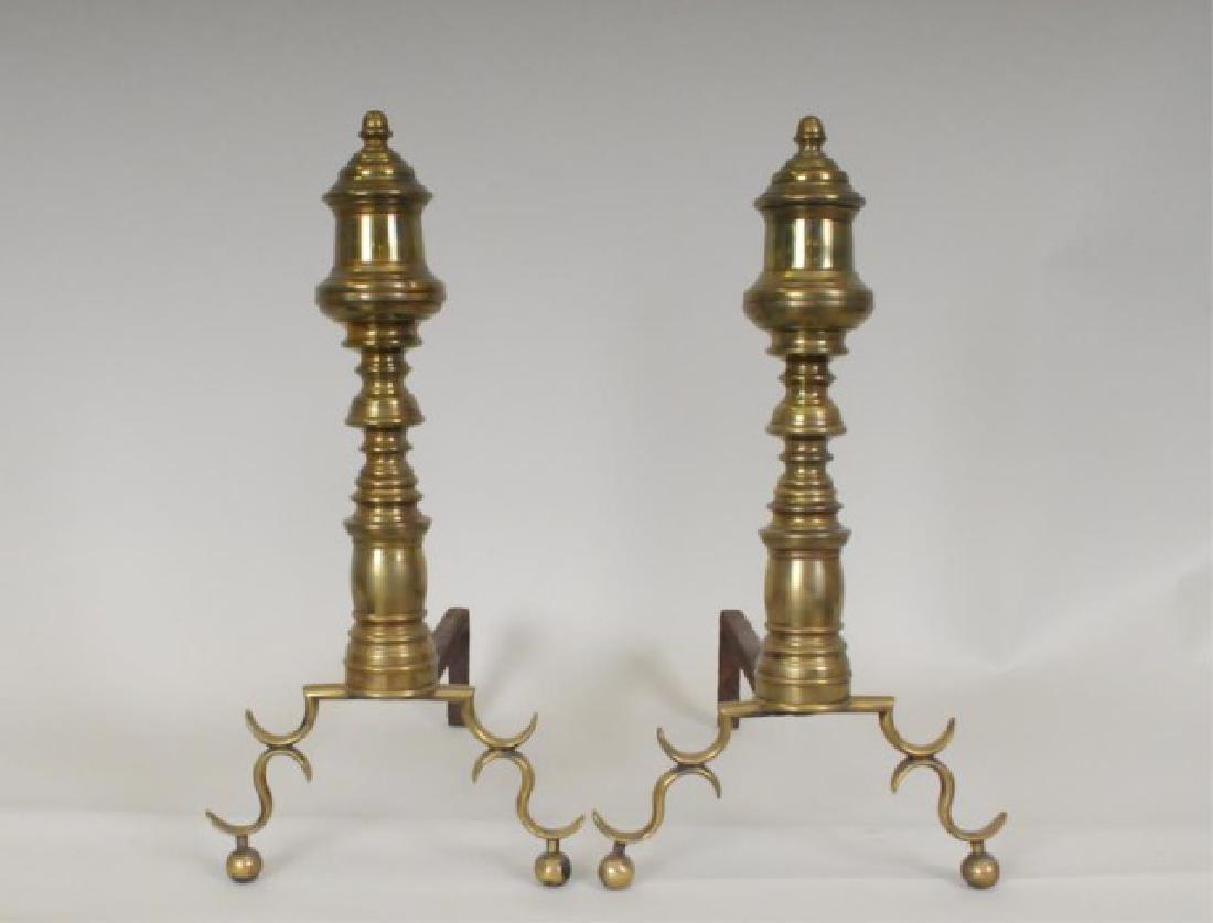 Pair Federal Brass Andirons: Early 19th century, probably American; acorn finials on turned baluster posts, spur arches and ball feet; 19"H (Ref. 25)