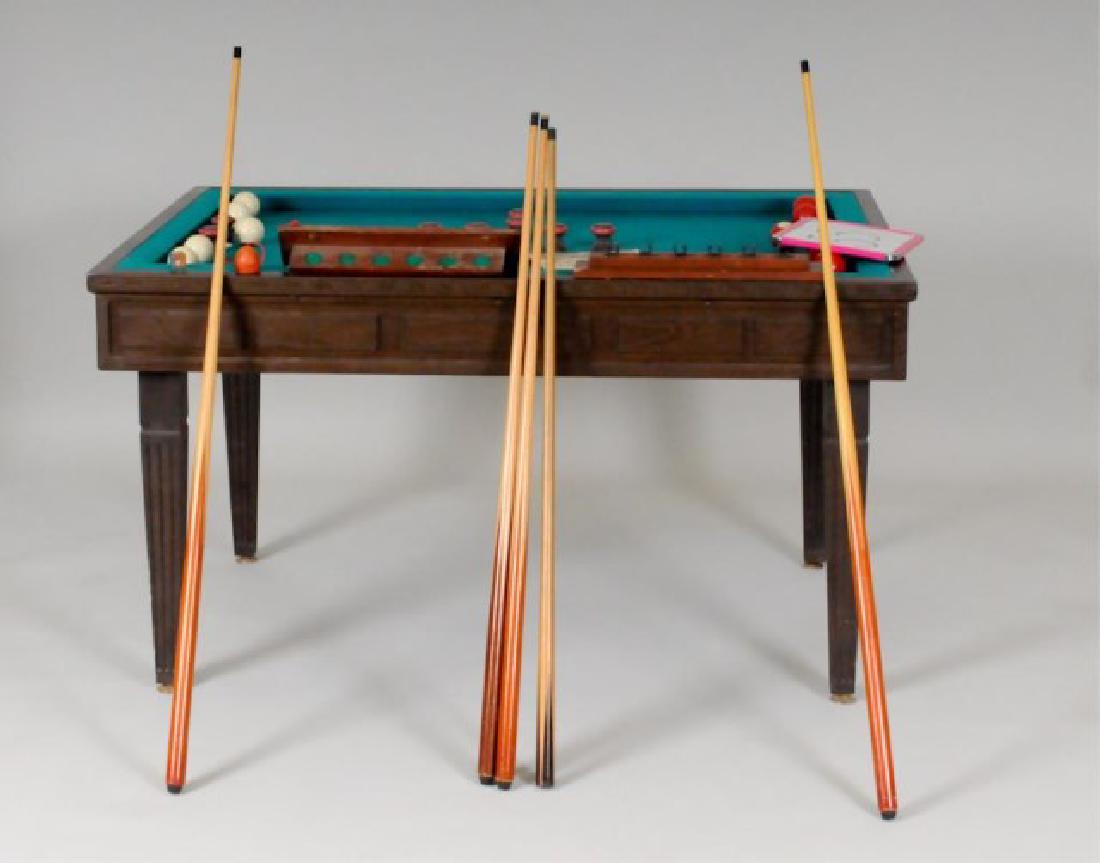 Brunswick Bumper Pool Table w/ Slate Top: Brunswick Town & Country recreation table, Model No. VHK, slate top, five red and five white balls, two 47 1/2"L and three 40"L billiard cues, cue rack, original Installation Manual; table 52 1/2"L x