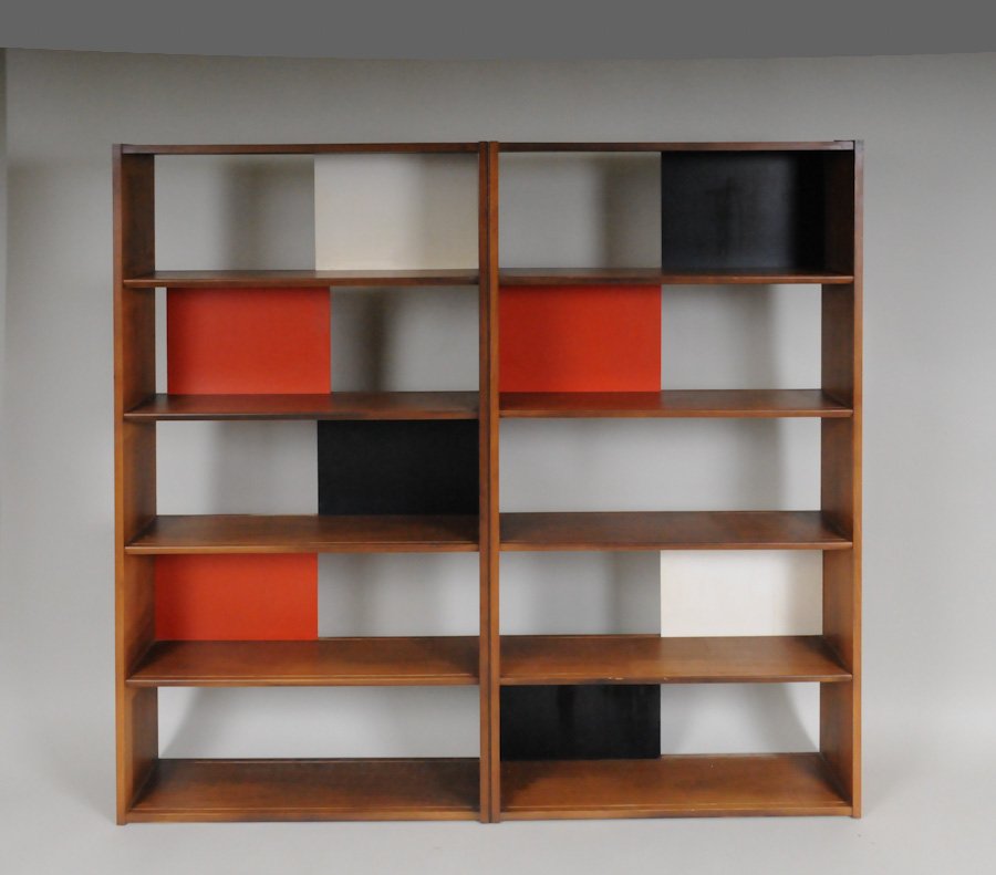 Evans Clark for Glenn of California Room Divider: Mid-century modern room divider or bookcase, attributed to Evans Clark for Glenn of California, hinged two-part walnut room divider, shelves with ten multi-colored interchangeable sliding panels; divi