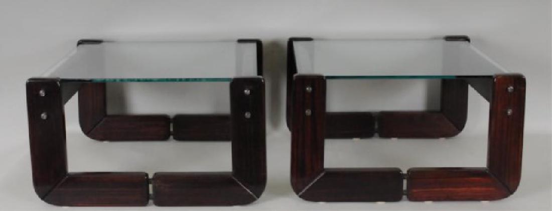 Pair of Percival Lafer Rosewood Side Tables: Percival Lafer (Brazilian, mid 20th century), c. 1960s, pair of mid century modern low side tables, rosewood base with glass top, foil label to each; approx. 22 1/2" x 23", 13 1/2"H; good condition wi