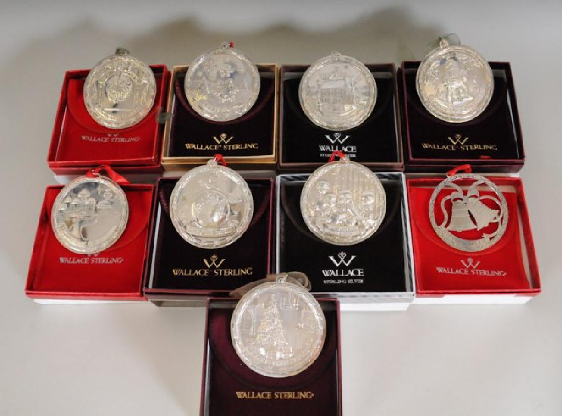 9 Wallace Sterling "Songs of Christmas" Ornaments: 2000 "Silver Bells"---2001 "O Little Town of Bethlehem"---2002 "Deck the Halls"---2003 "O Christmas Tree"---2004 "Here Comes Santa"---2005 "Joy To The World"---2006 "Let It Snow"---2007 "We Wish You A