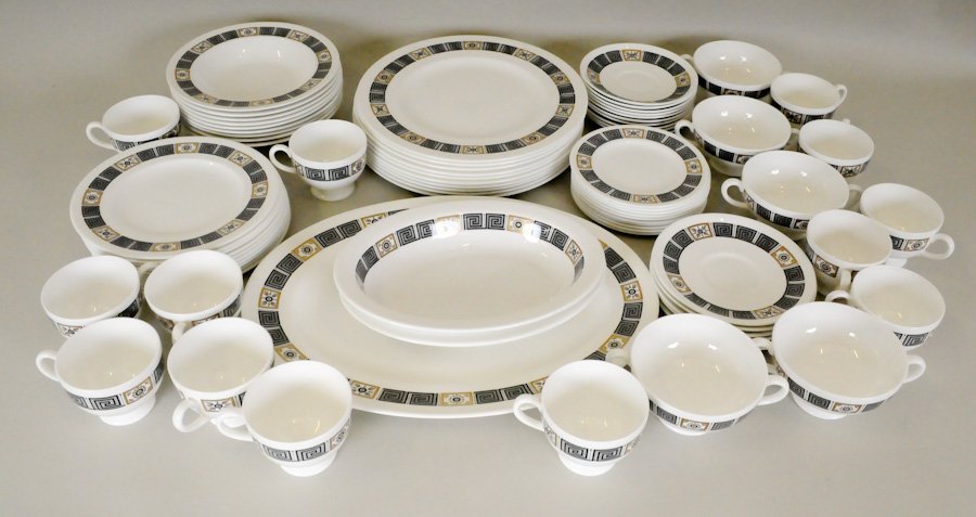 75 Pcs. Wedgwood Dinner Service, Asia Pattern: 75 pieces of Wedgwood bone china in the Asia pattern, having a Greek key band in black and gilt; comprising: Ten 10 3/4" dinner plates, ten 8" salad plates, ten 6" bread and butter plates, nine 8" sou