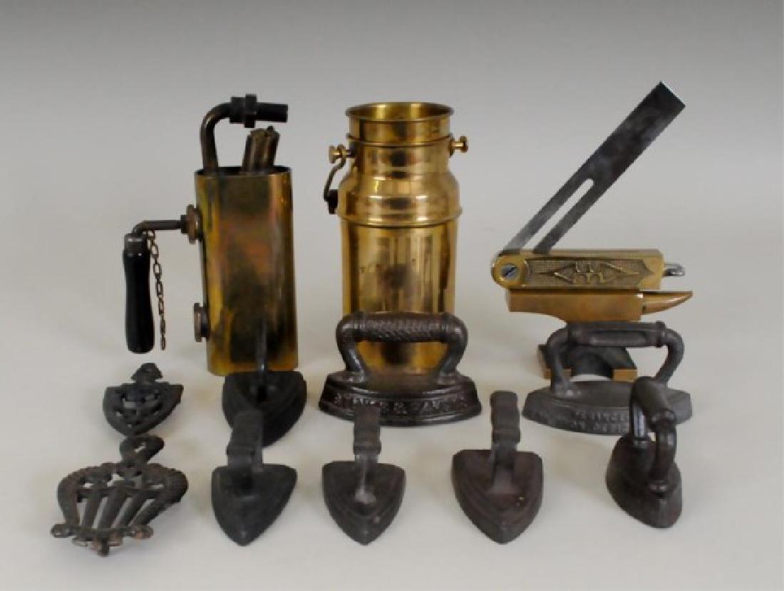 Brass Tools, Miniature Sad Irons, Other: 13 total items: 1. Brass and steel bevel, patented by George C. Miller, Detroit, 1874; manufactured by Detroit Bevel & Divider Co., Detroit, MI---2. Jim Dandy brass torch, Lasher-Weeber Co.---3. Minia