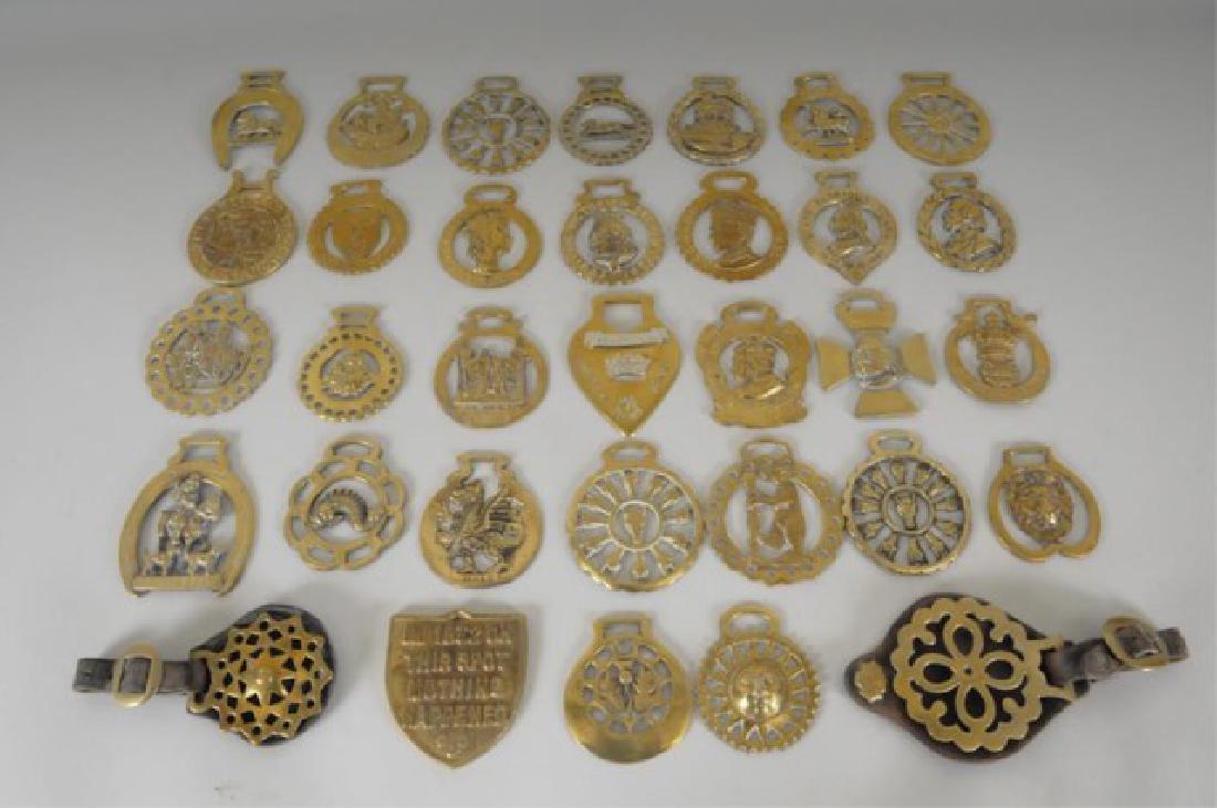 Horse Brasses, 33 Pieces: Two mounted on leather (Ref. 8)