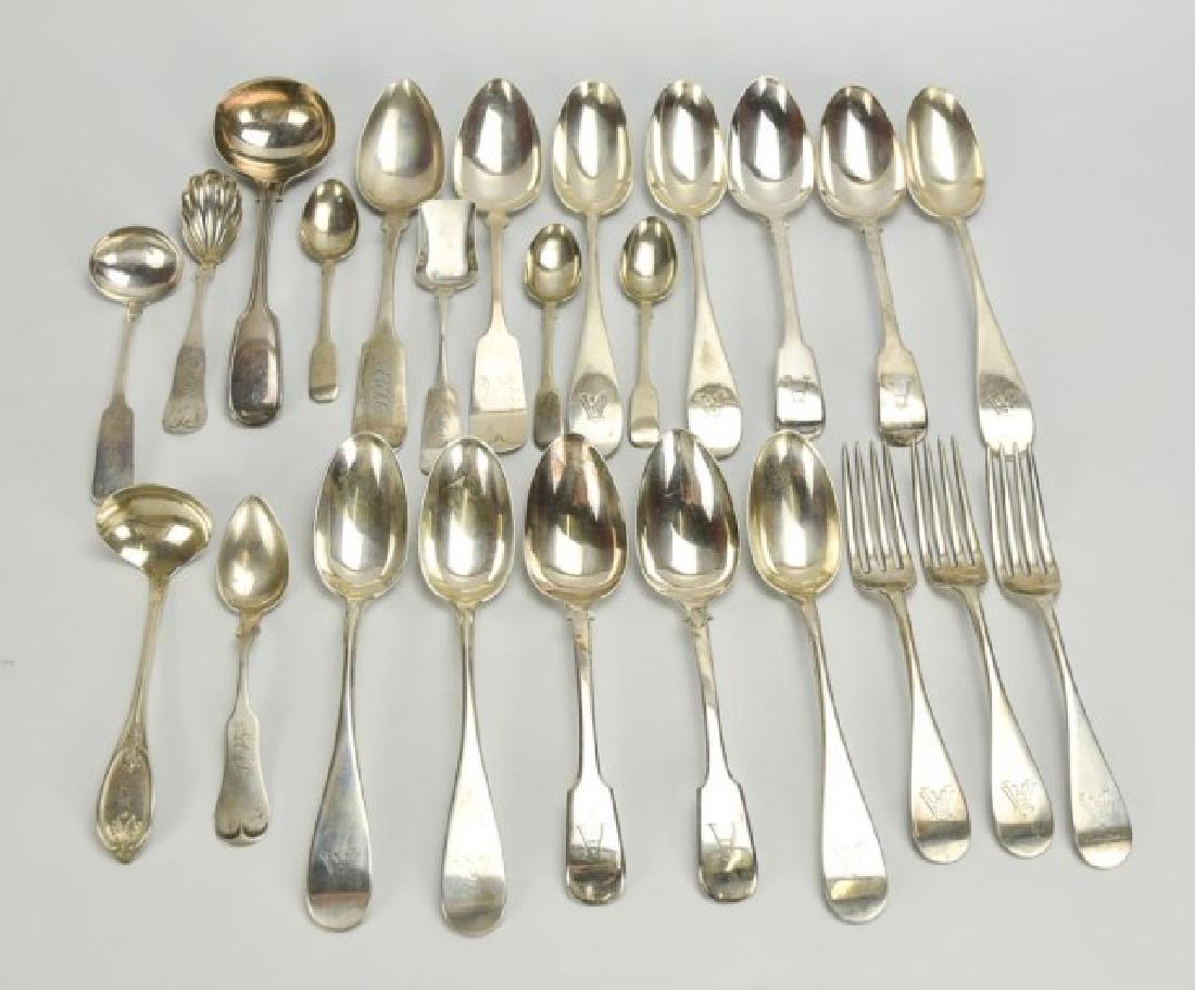 Lot of Coin Silver, Sterling Silver, Other: 24 total pieces: 1. 6 1/8"L coin silver sugar shovel, upturned tipt front fiddle handle with rounded fins, marked "J. Hollister" in rectangle and flanked by eagles (Julius Hollister, b. 1818-d. 1905; 