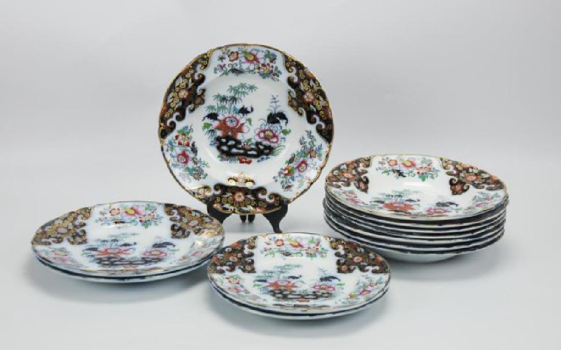 8 English Ironstone Chinoiserie Soup Bowls, Etc.: Twelve pieces of English ironstone with transfer, polychrome and gilt chinoiserie decoration; in pattern 3832; including eight 10 1/4" soup bowls, two 9 1/4" plates and two 10 1/4" plates: Scalloped r