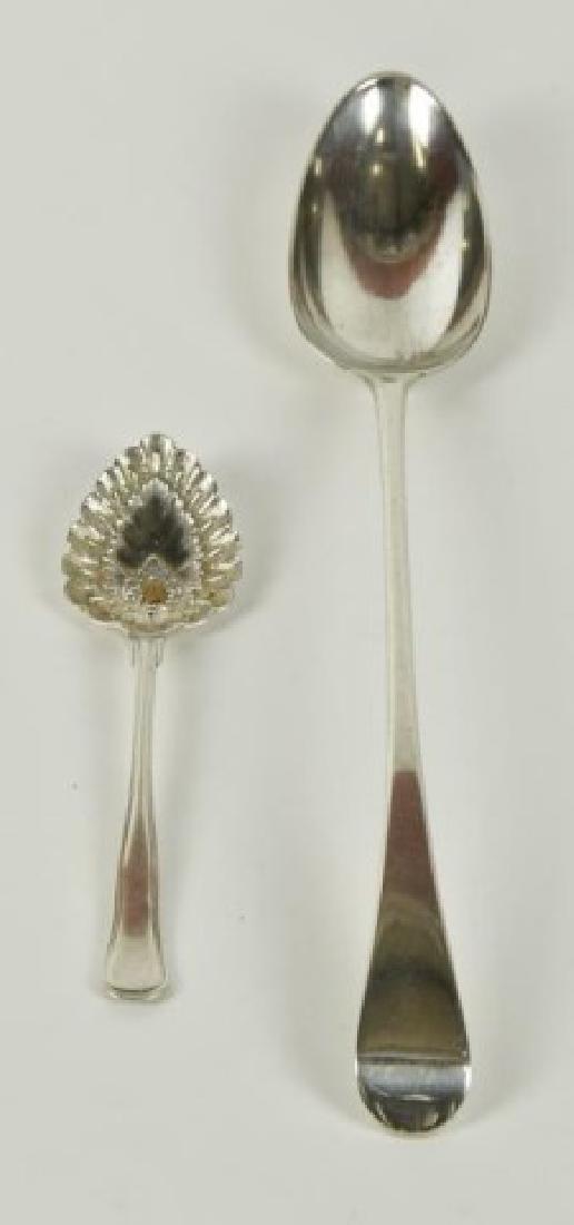 2 Pieces of English Sterling, One Georgian: 1. Georgian sterling stuffing spoon; London, Thomas Wallis, 1793; 11 7/8"L; no monogram---2. Heart shaped sterling bon bon spoon with embossed bowl; Sheffield, Mappin & Webb, 1909; 6"L; no monogram---