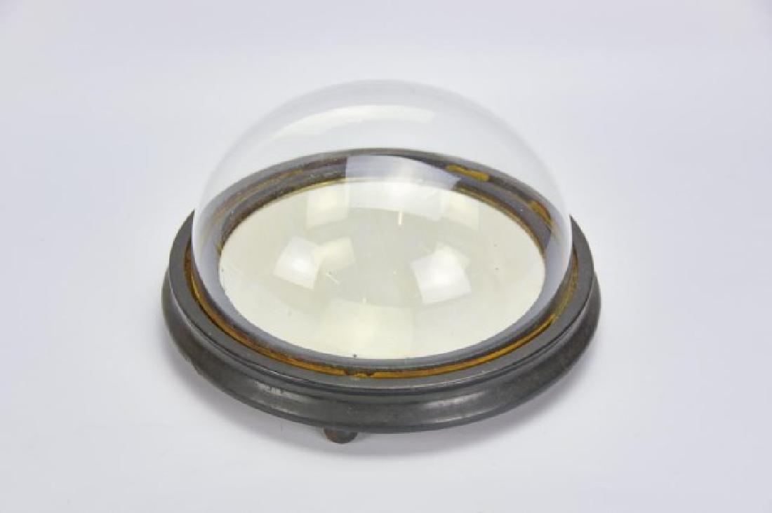 Antique Glass Display Dome w/ Mirror Base: Rounded glass dome on a footed wooden mirror base; 10 5/8" dia., approx. 5 1/2"H; good condition, tape or paper residue to rim of glass dome