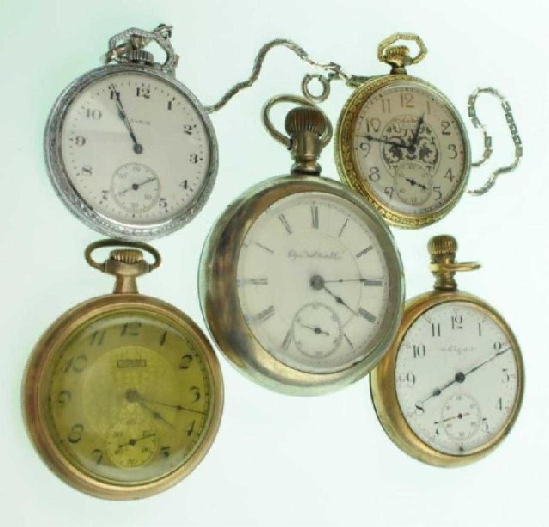 Five Elgin Open Face Pocket Watches: 1. c. 1930, round dial with decorative scrolls, Arabic numeral hour marks, sub-seconds dial, marked "Elgin", movement marked "32245280, Elgin Nat'l Watch Co., U.S.A.", inside of case stamped "Star Wat