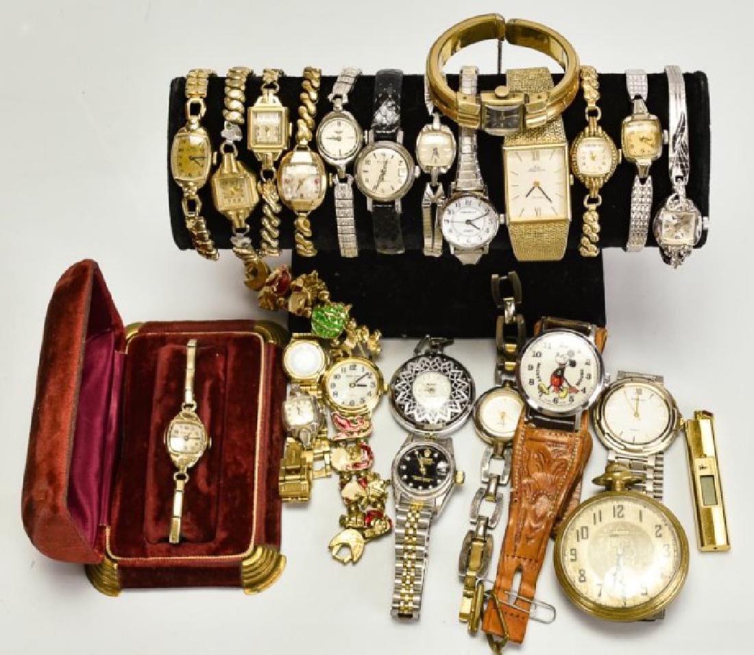 Elgin Pocket Watch & 23 Other Watches: 1. Elgin open face pocket watch, round face with Arabic numeral hour marks, sub-seconds dial, marked "Elgin", movement marked "Elgin Nat'l Watch Co. / U.S.A. / 15 Jewels / 28085493"; inside of case ma