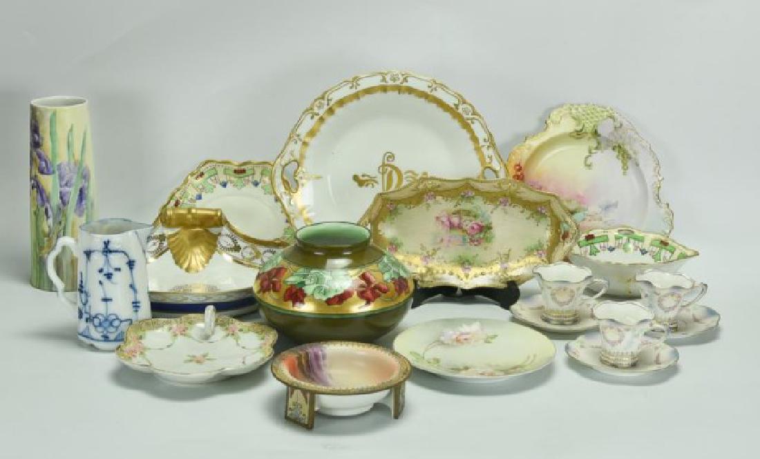 Lot of R.S. Prussia, Nippon & Other Porcelain: 1. Three R.S. Prussia cup and saucer sets, decorated with rose swags and wreaths and green bows, scalloped rims, cups marked with red and green Prussia wreath and star-printed mark; saucers 4 1/4" dia