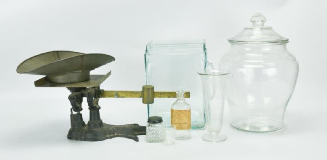 Advertising, Country Store & Apothecary Items: Seven items: 1. Dosage glass with embossed advertising for "H. A. Ligon, Druggist, Spartanburg, S.C.", back with embossed dosage measurements "Table / Dessert / Tea"; 2"H---2. Fairbanks confectioner s