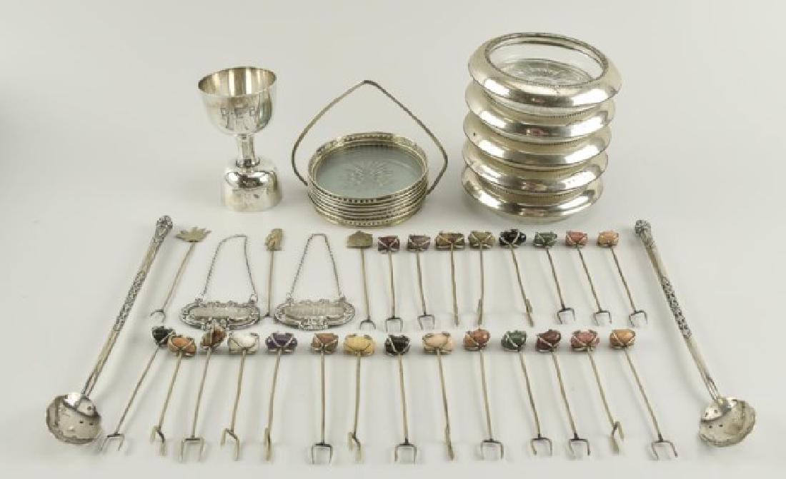 Lot of Sterling & Other Bar Related Items: Including: 1. 3 1/2"H double jigger, marked "B. & M." (Baldwin & Miller) and "Sterling", monogram---2. Pair of decanter tags, "Scotch" and "Gin", scrolled decoration, each marked "Sterling"---3. Sterl