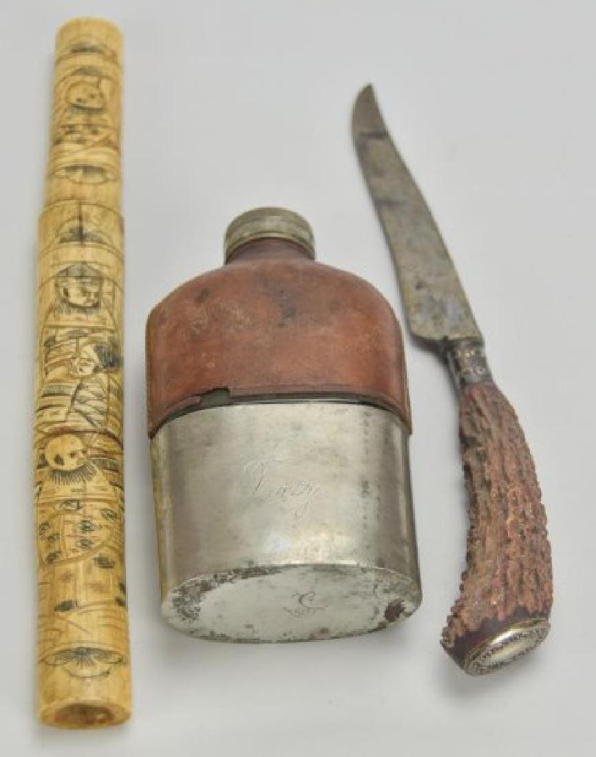 Flask, Carved Bone Knife, Knife w/ Stag Handle: Three items: 1. Glass flask covered in half leather, pewter base and lid; pewter base engraved "Twitty"; 5 7/8"H; small losses to leather, some corrosion to pewter---2. Knife with stag handle and ster
