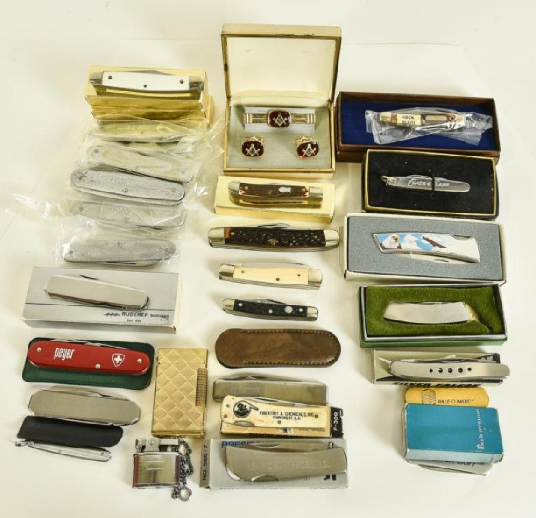 Pocket Knives, Masonic Jewelry, Two Lighters: 34 pocket knives, many advertising; names include Boker Solingen Tree Brand, Schrade Old Timer, Aug Muller Sohne Solingen, Imperial, Frost Cutlery Buck Horn, Schrade, Kutmaster, Parker-Imai, Latama It