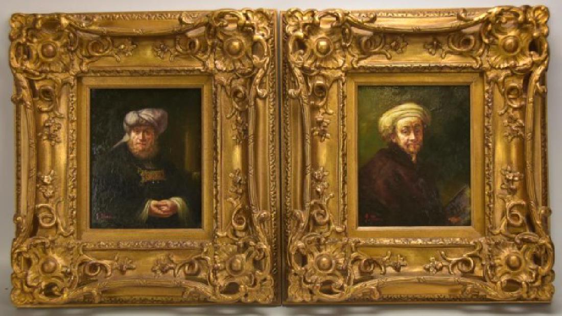 Pr. Old Masters Style Oil on Panel Portraits: 20th/21st century; one depicting a man in a white turban with open book in his hands, other depicting a bearded man in a turban and jeweled cloak with hands crossed, each signed lower left "J. Moore",
