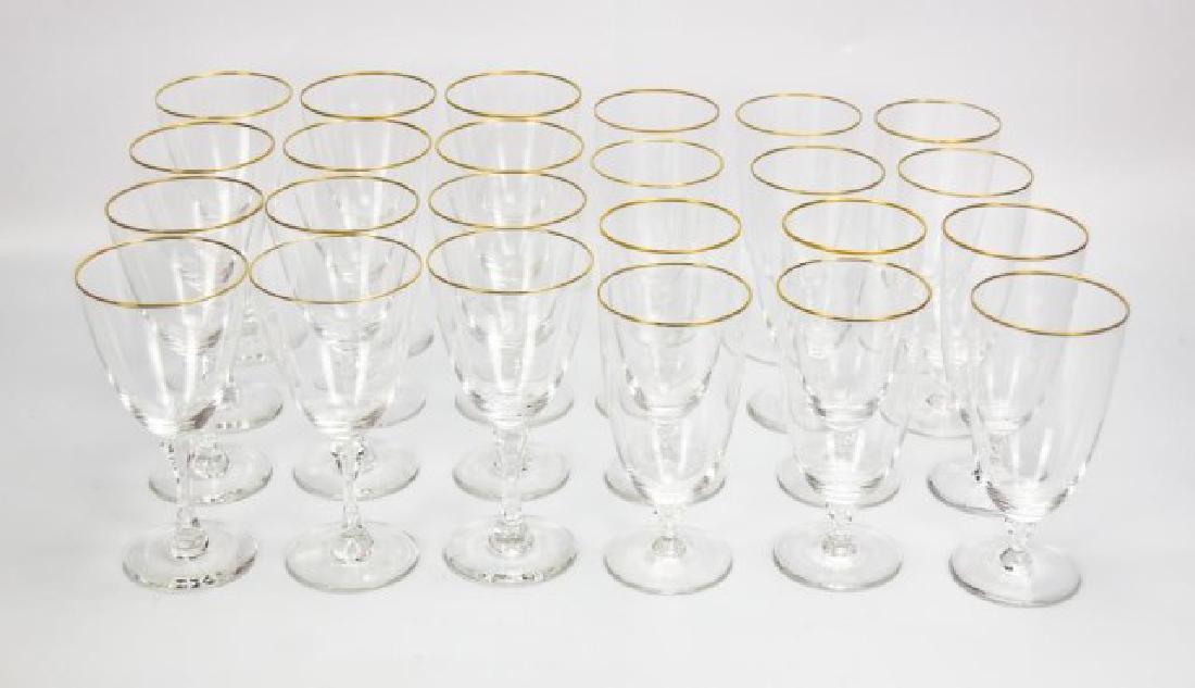 Set of Lenox "Mansfield" Crystal Stemware: 24 total pieces, gold rims and hexagon stems, etched on base "Lenox / U.S.A.": Twelve wine or water goblets; 7"H, 3 1/2" dia.---Twelve iced tea glasses; 6 1/2"H, 3 1/8" dia.; good condition, some with