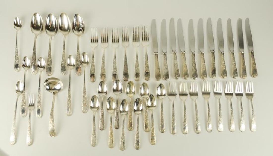 Kirk "Old Maryland Engraved" Sterling Flatware: 47 pieces, no monogram, including: Six 7 1/4" forks, eight 6 3/8" salad forks, ten 5 7/8" teaspoons, six iced tea spoons, eleven 8 7/8" modern hollow handle knives, three 8 3/8" table serving spoons, 