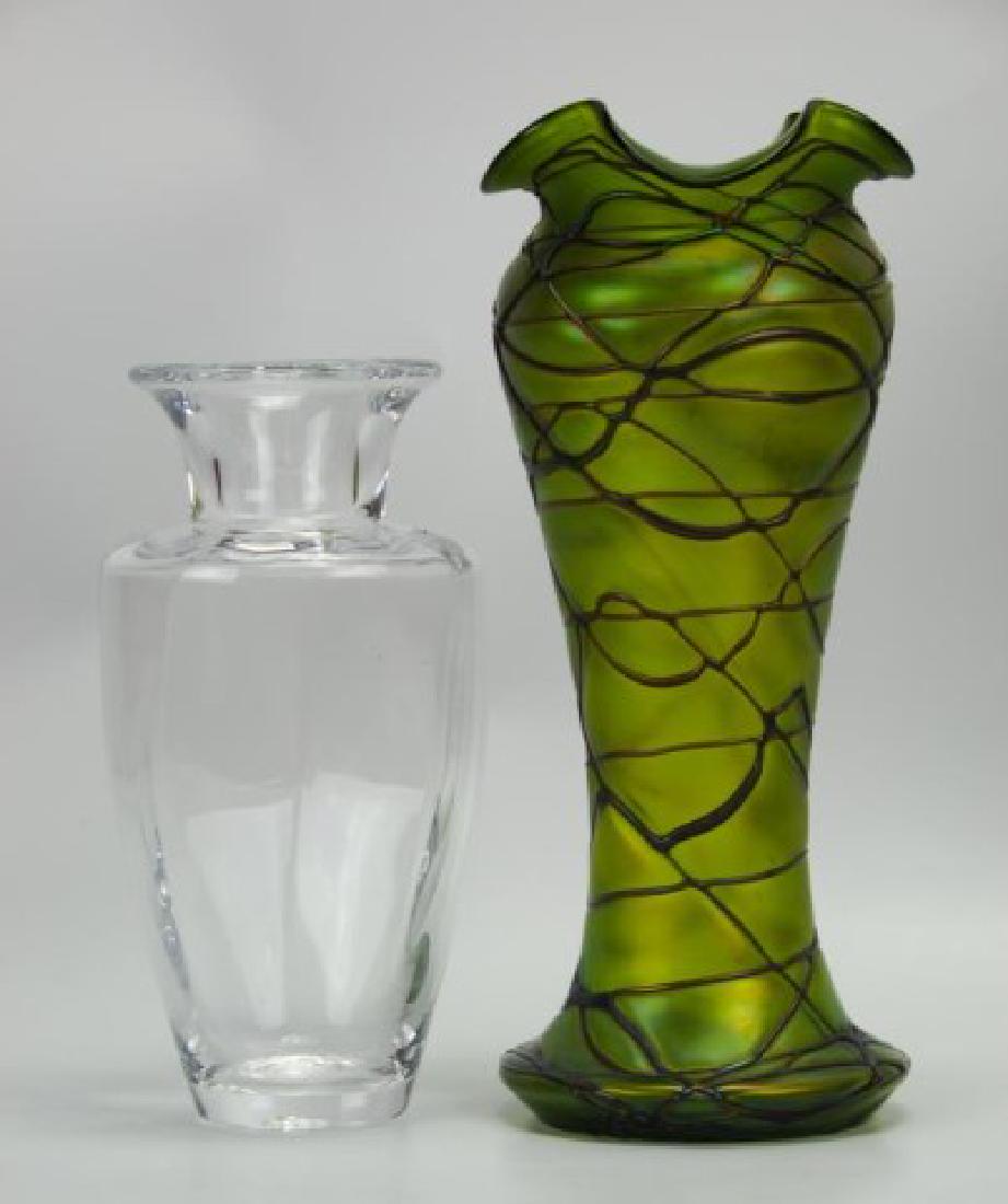 2 Glass Vases--Loetz Style and Simon Pearce: 1. Large Loetz style art glass vase having random iridescent threading against an iridescent green body, baluster form with flared and ruffled rim, round flared foot, unsigned; 12 3/4"H---2. Blown gla
