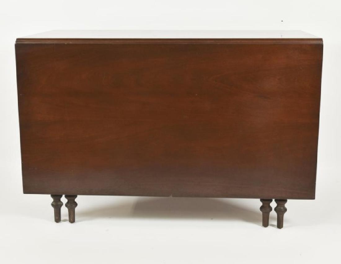 Virginia Craftsmen Sheraton Style Dining Table: Sheraton style drop leaf mahogany dining table, pegged construction, eight reeded legs with four being swing legs, stamped "Virginia Craftsmen Reproduction", early 20th century; 30"H; closed 46"W x 25