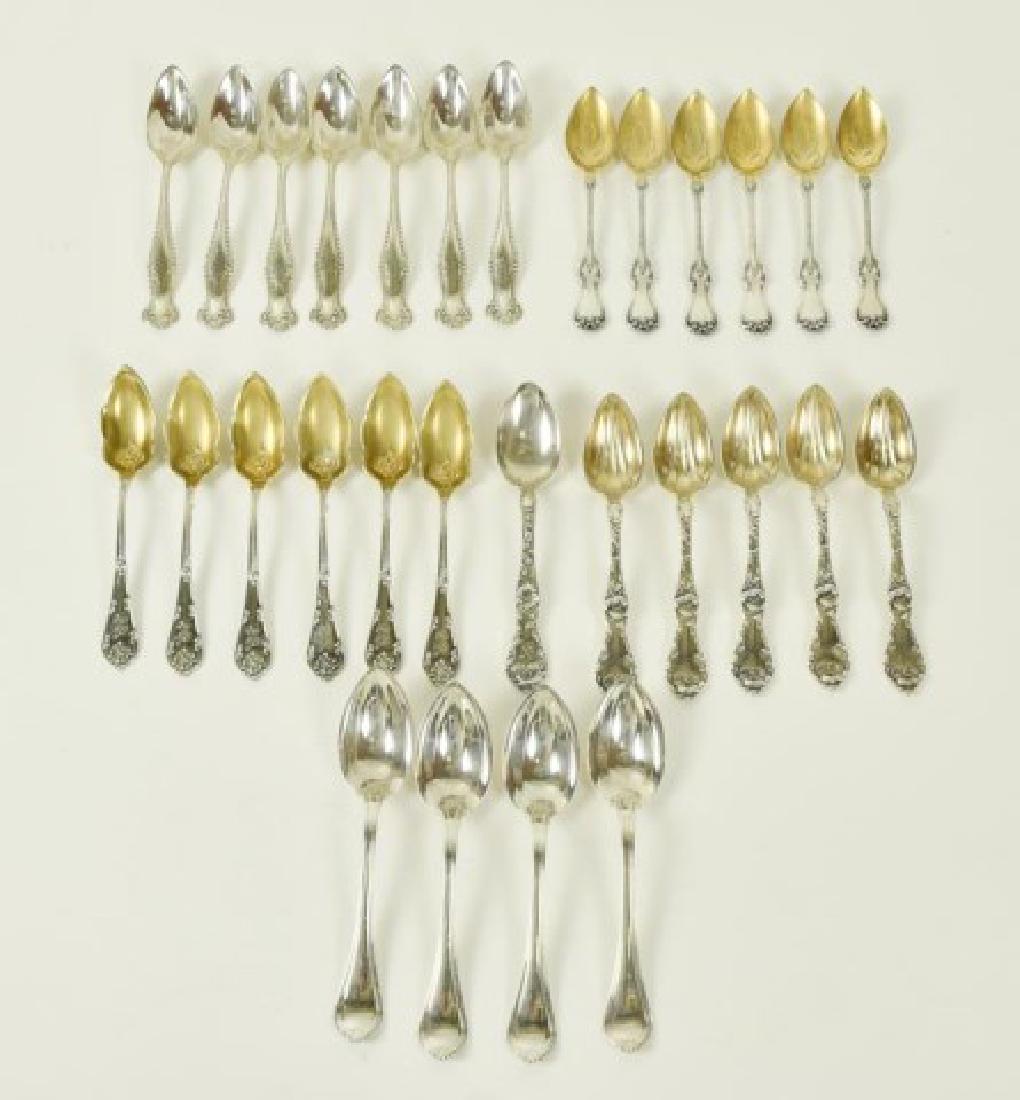 Five Sets of Sterling Citrus Spoons: Set of five with gilt bowls in the Les Cinq Fleurs pattern by Reed & Barton (plus one 5 3/4" teaspoon in same pattern with monogram) ---Set of four in the Paul Revere pattern by Towle---Set of six wit