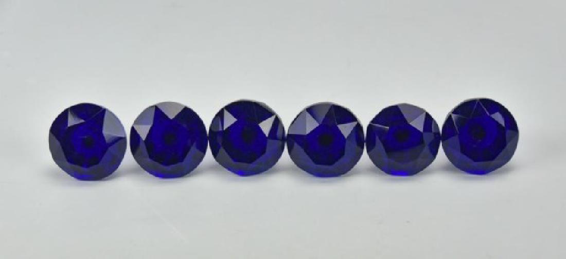 Set of 6 Cobalt Faceted Glass Drawer Pulls: 1 3/4" dia., 2 3/4"L including screws; good condition overall with some flea bites to edges