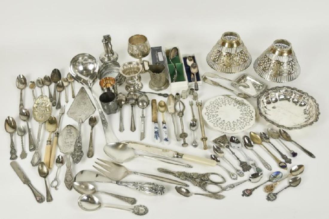 Approximately 70 Pieces of Silver Plate & Other: Mostly silver plate items, some copper, etc., including: Pair of candle shades with holders, Ronson Decanter lighter, "Take Your Pick" toothpick holder, urn toothpick holder, two thimbles, small recta