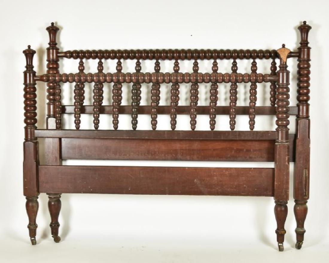 Pair of American Spool Turned Walnut Beds: Headboards and footboards with spool-turned top rail over spindle turnings, block and turned posts, early 20th century; 56 1/2"W, 82"L overall, side rails 76"L, footboard 43 1/2"H, headboard 48 1/2"H;