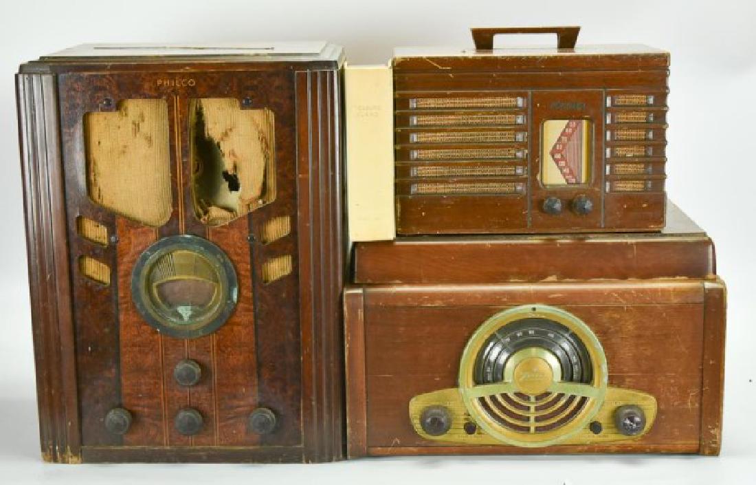 Crosley, RCA, Philco Radios & Zenith Phonograph: Four items: 1. c. 1950s Crosley JM-8 series hybrid tube/transistor "Treasure Island" book radio; 4 1/2" x 7", 2 1/8"H---2. c. 1939, RCA Victor Magic Voice Little Nipper radio, Model 9TX-50, wood case;