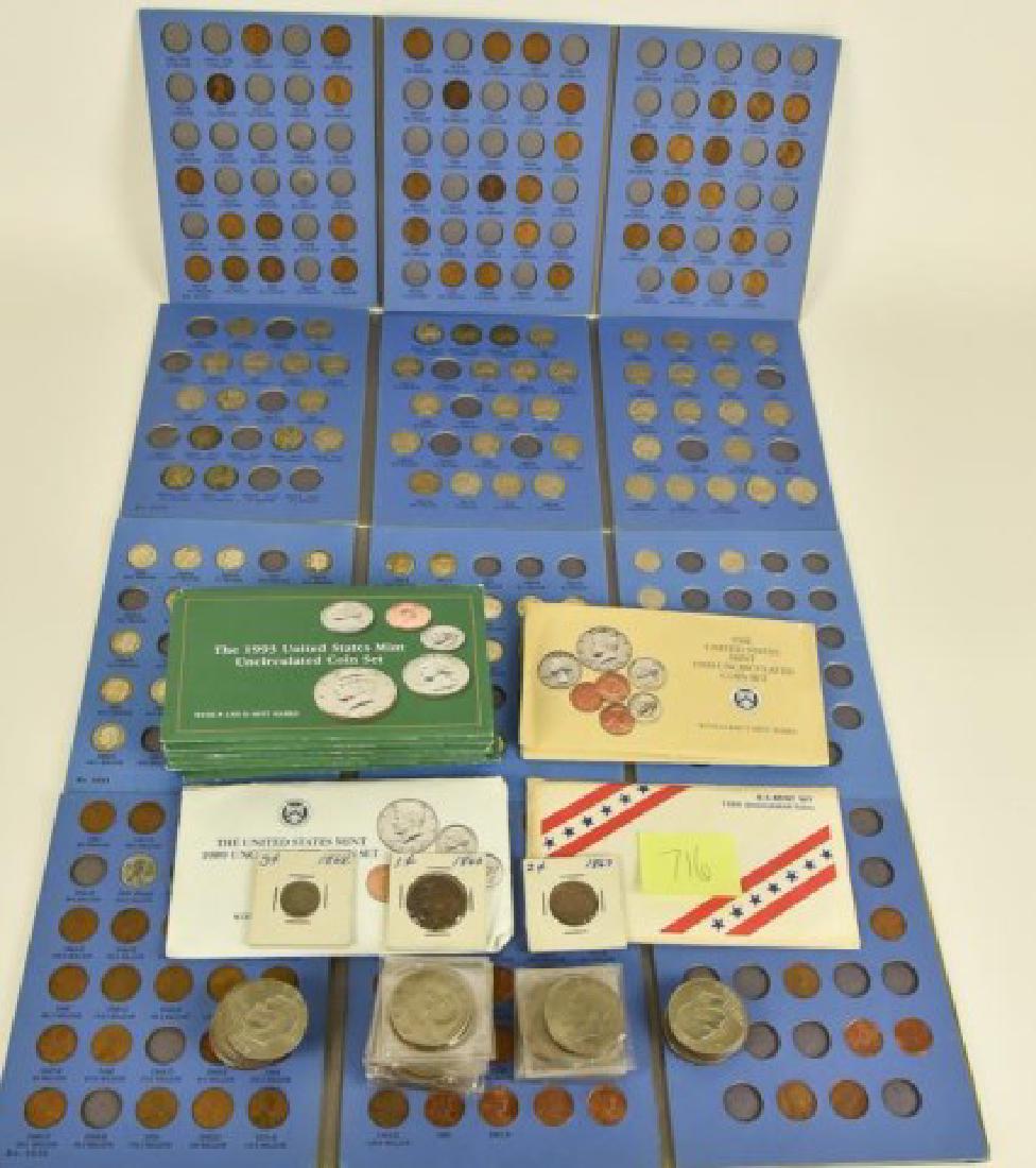 Assorted U.S. Coinage: (24) Eisenhower Dollars; (1) 1840 One Cent; (1) 1867 Two Cent; (1) 1868 Three Cent; (4) Incomplete Coin Booklets; (11) Uncirculated Coin Sets: 1984, 1989, (2) 1990, (7) 1993. (Ref 3, 10, 35, 41)