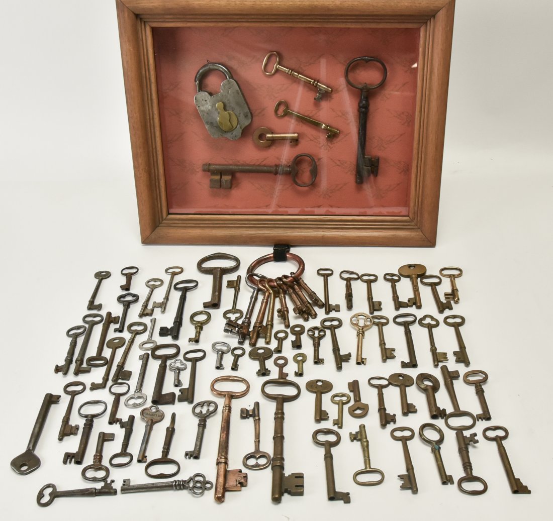 Over 75 Brass & Steel Door & Cabinet Keys: Loose keys + five keys and lock under glass in wood frame