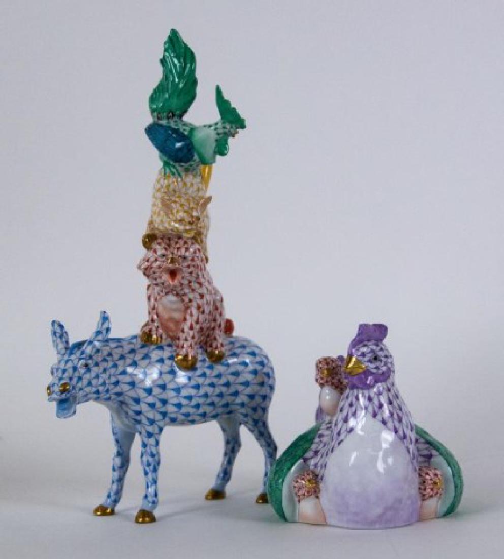 Herend "Musicians of Bremen" & Hen w/ 3 Chicks: Two Herend hand painted porcelain figures, both signed: 1. Famous quartet "The Musicians of Bremen", blue fishnet donkey, rust fishnet dog, yellow fishnet cat and green fishnet rooster; 9 3/8"H; donke
