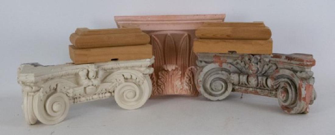 Lot of Architectural Elements: Five total pieces: 1. Terra cotta Scamozzi Ionic capital, front face, egg and dart motif; approx. 18"W, 7 3/4"H, 6 3/4"D; chips to paint, one volute with large chip to side, other minor chips---2. Com