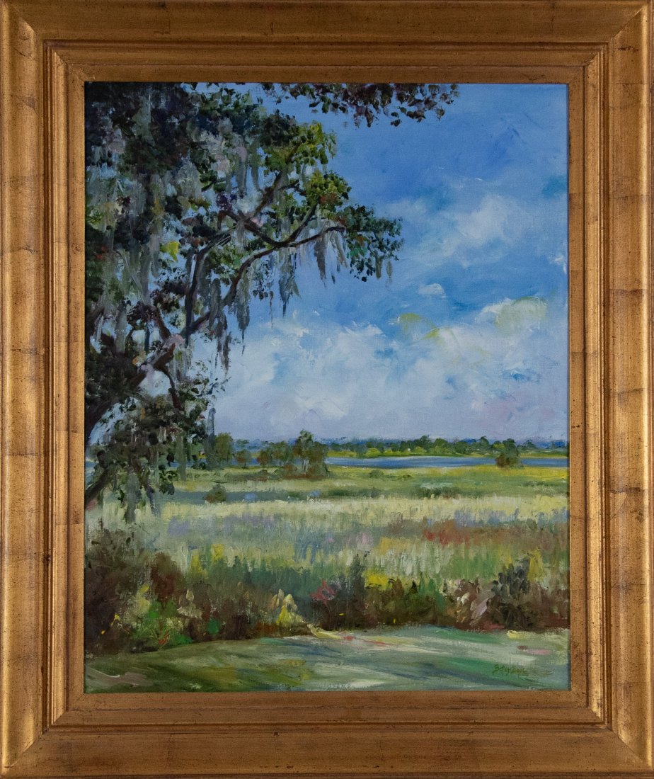 Betsy Boyle (Pawleys Island, South Carolina): Oil on canvas depicting a Low Country landscape, signed lower right "Betsy Boyle", contemporary gilt wood frame; 24"W x 30"H; frame 32 1/2"W x 38 1/2"H---good condition