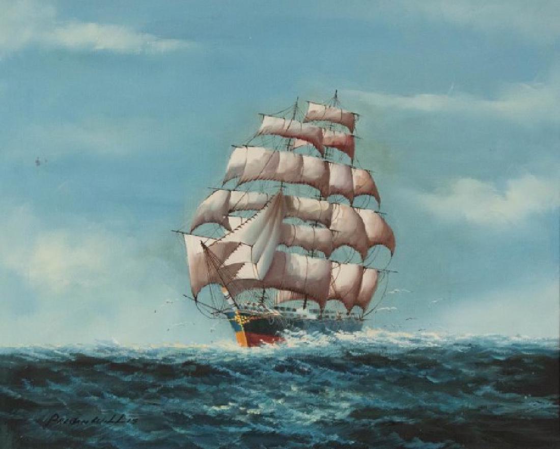 Preston Willis (American, 20th Century): Oil on canvas of a clipper ship on the open seas with seagulls flying fore and aft, signed lower left "Preston Willis", wood frame; 24"W x 20"H; frame 32"W x 28"H