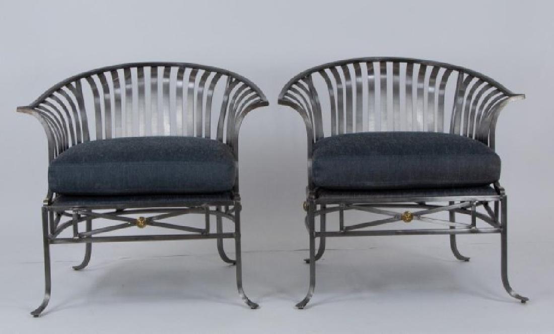 Pr. of Henredon Brass Mounted Steel Club Chairs: Loose upholstered back and seat cushions, each with Henredon label; 32 1/2"W, 30"H, seat 19"H; some wear to finish on arms, cushions lightly soiled