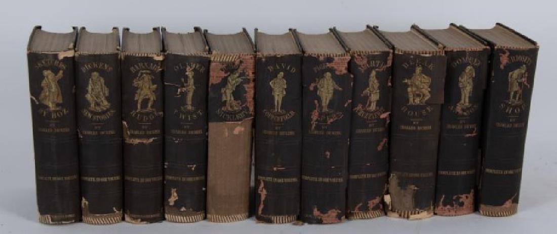 Charles Dickens, Peterson's Uniform Edition: Eleven volumes, "Peterson's Uniform Duodecimo Edition of the Complete Works of Charles Dickens", Philadelphia: T. B. Peterson and T. B. Peterson & Brothers, blindstamped black cloth with gilt figure a