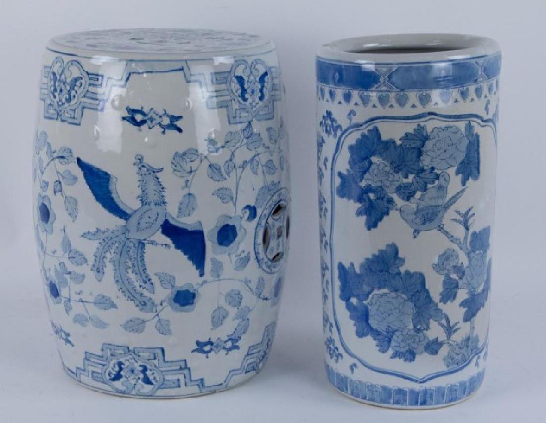 Chinese Blue & White Garden Seat & Umbrella Stand: Two pieces of Chinese blue and white porcelain, 20th century: 1. Garden seat, typical barrel form with pierced top and sides, decorated with a dragon and phoenix among flowers and leafy branches; appr