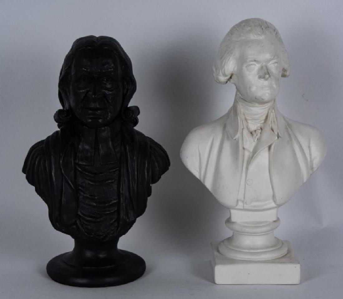 Busts of Thomas Jefferson & John Wesley: 1. Painted ceramic bust of Thomas Jefferson, signed "Alva Â© 88"; after the original by Jean-Antoine Houdon (French, 1741-1828); 12 1/2"H---2. Painted ceramic bust of John Wesley, incised mark "Scot