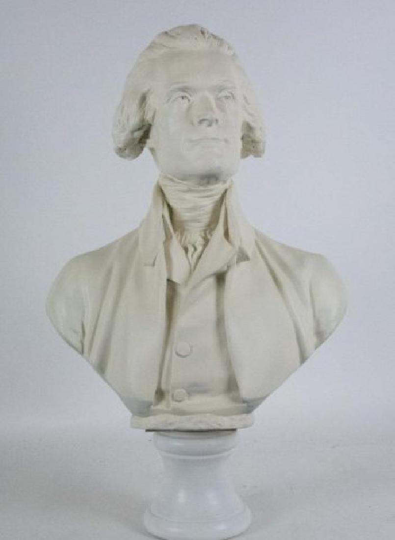 Large Thomas Jefferson Bust: Painted molded bust of Thomas Jefferson after the original by Jean-Antoine Houdon (1741-1828), mounted on a turned wooden plinth; approx. 29"H