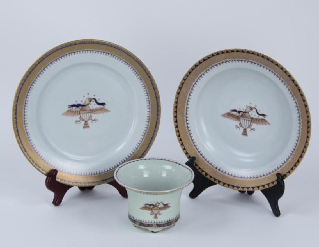 3 Pieces Mottahedeh Lowestoft Porcelain: Three pieces reproduction Lowestoft porcelain with cobalt and gilt decoration, each with Federal eagle and thirteen stars and floral and foliate designs: Footed cachepot; 5" dia., 3 1/2"H; flea bite t
