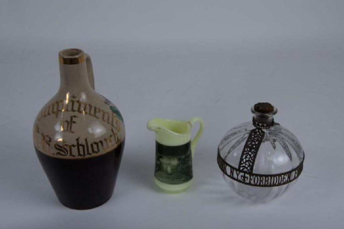 Three Advertising Items---Drug Store, Etc.: 1. Early 20th century opaque glass miniature pitcher "Compliments of Palace Drug Store / Westhope, N.D." with image of interior of drug store; 4 1/2"H; good condition---2. Fulper Pottery Co., Flemingt