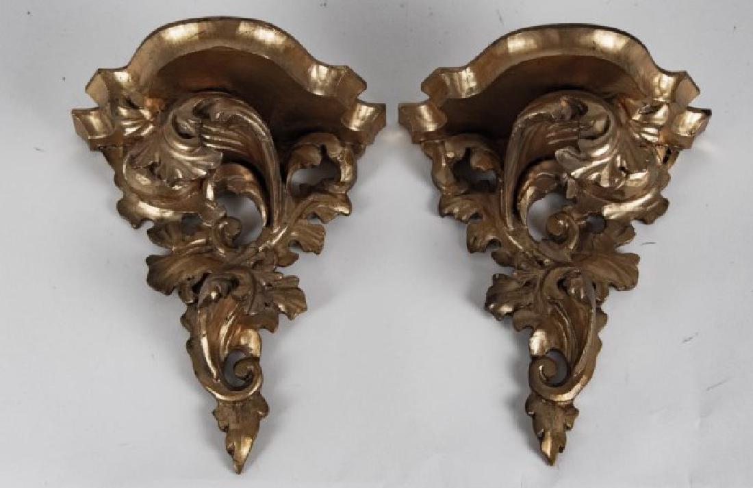 Pair of Carved & Gilt Wood Brackets: Italian, early 20th century, carved and gilt wood with Florentine style decoration; 7 1/4"W, 4 1/4"D, 8 1/2"H; repairs (Ref. 211)