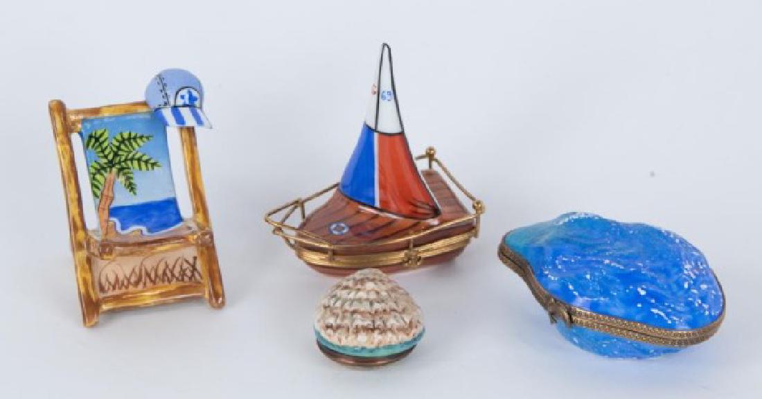 4 Porcelain Trinket Boxes, Limoges & Halcyon Days: Four beach related porcelain trinket boxes: 1. Limoges beach chair with palm tree and blue cap; 2"W, 2 5/8"D, 2 3/8"H---2. Limoges blue oyster with mermaid inside; 3 1/4" x 2 1/4", 1 3/8"H---3. Limoge