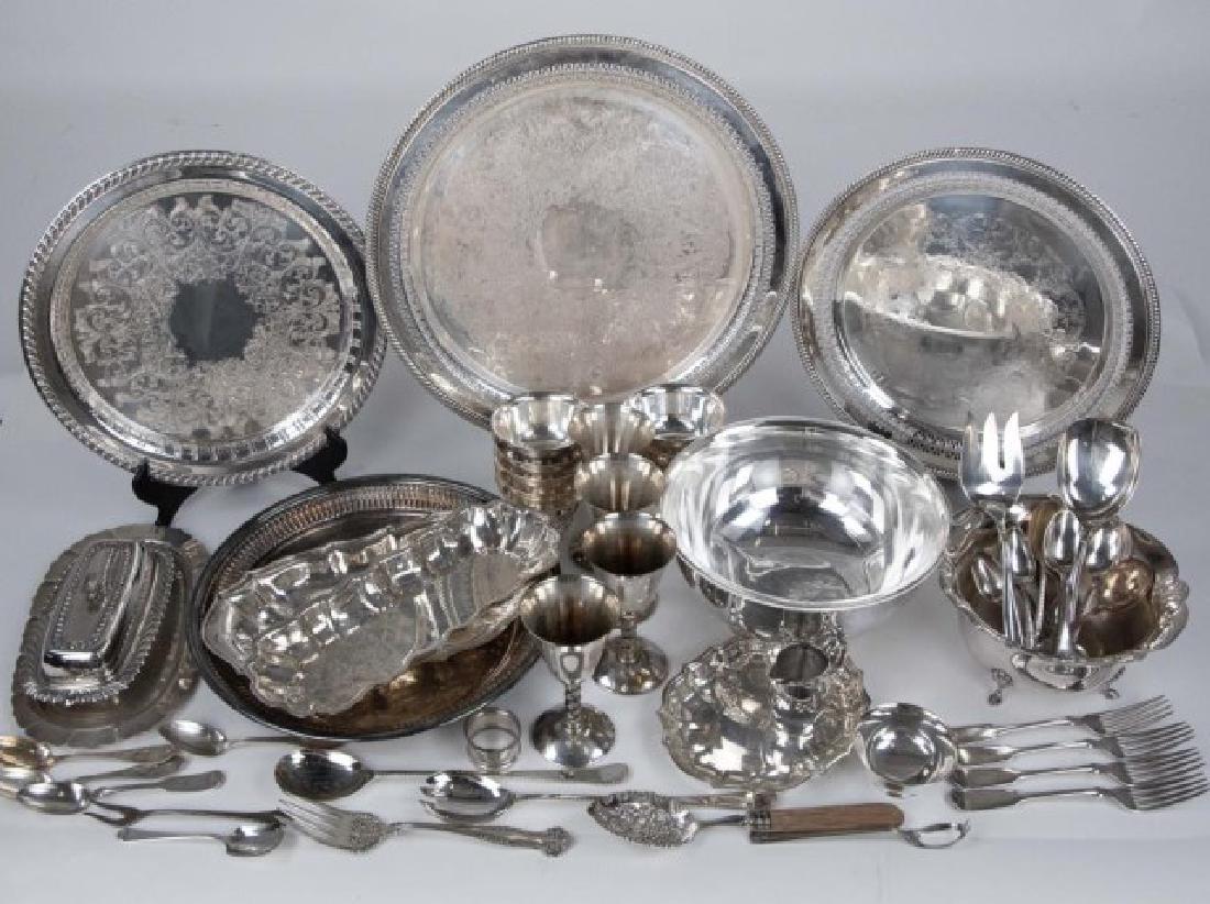 Large Lot of Silverplate Tableware: Including: 1. Reed & Barton footed bowl, No. 105, with plastic liner; 9" dia., 4 1/2"H---2. Set of ten Reed & Barton Paul Revere bowls; 3 5/8" dia., 2"H---3. Four goblets with twisted stems, marked "M
