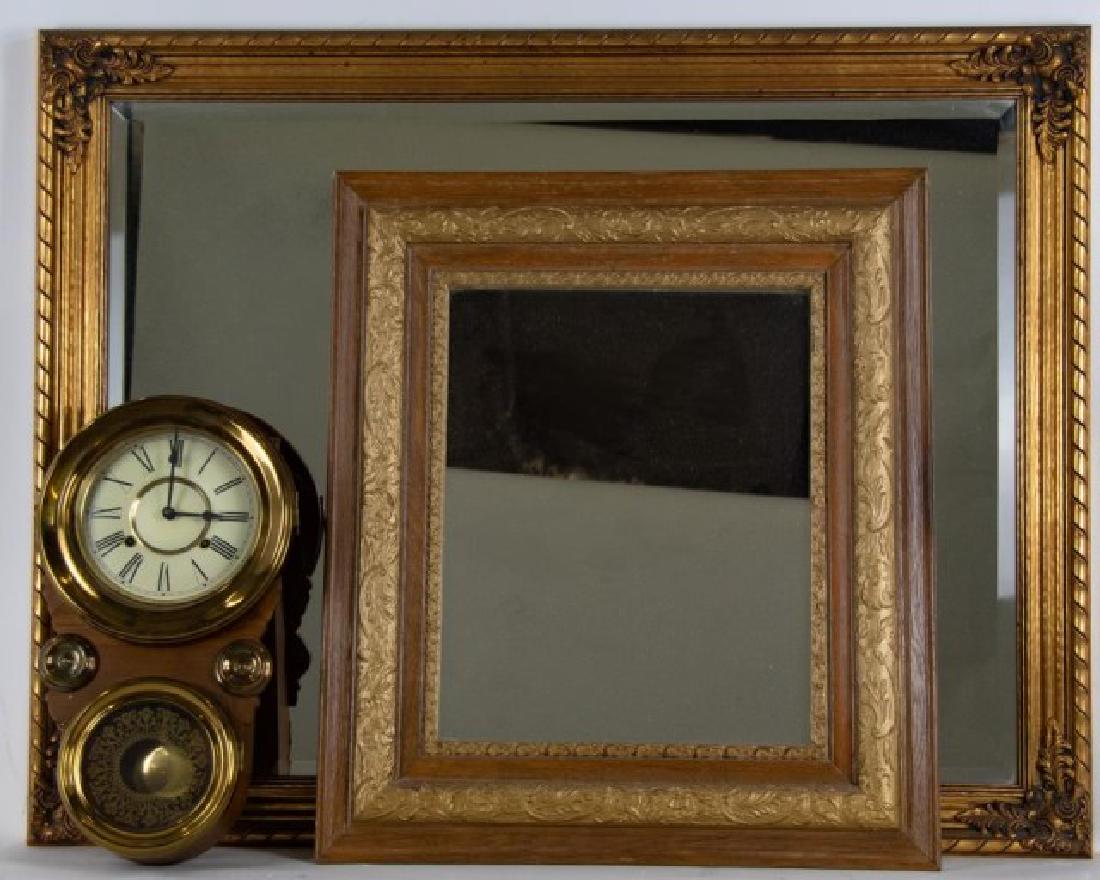 Two Mirrors & Clock: 1. Wood and gesso frame with mirror, early 20th century; 30" x 26"---2. Gilt wood frame having foliate decoration at corners with beveled mirror, mid 20th century; 35 1/2" x 45 1/2"---3. Spring wound