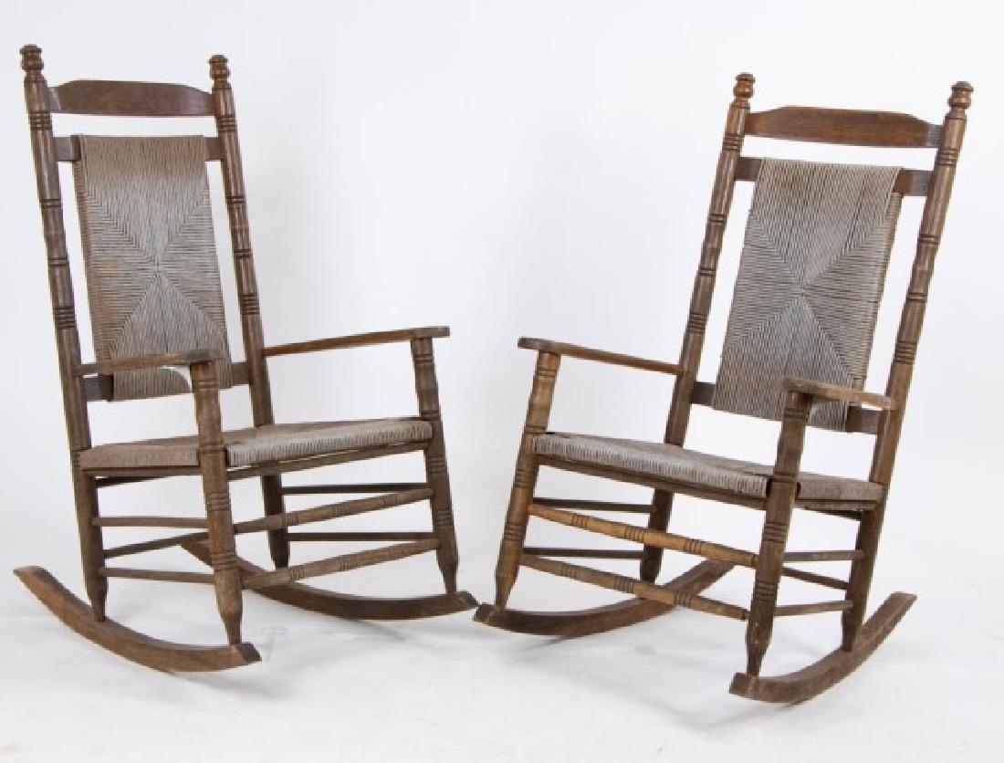 Pair Oak Porch Rockers: Woven backs and seats, 20th century; 47"H, 27"W, seat 19"H