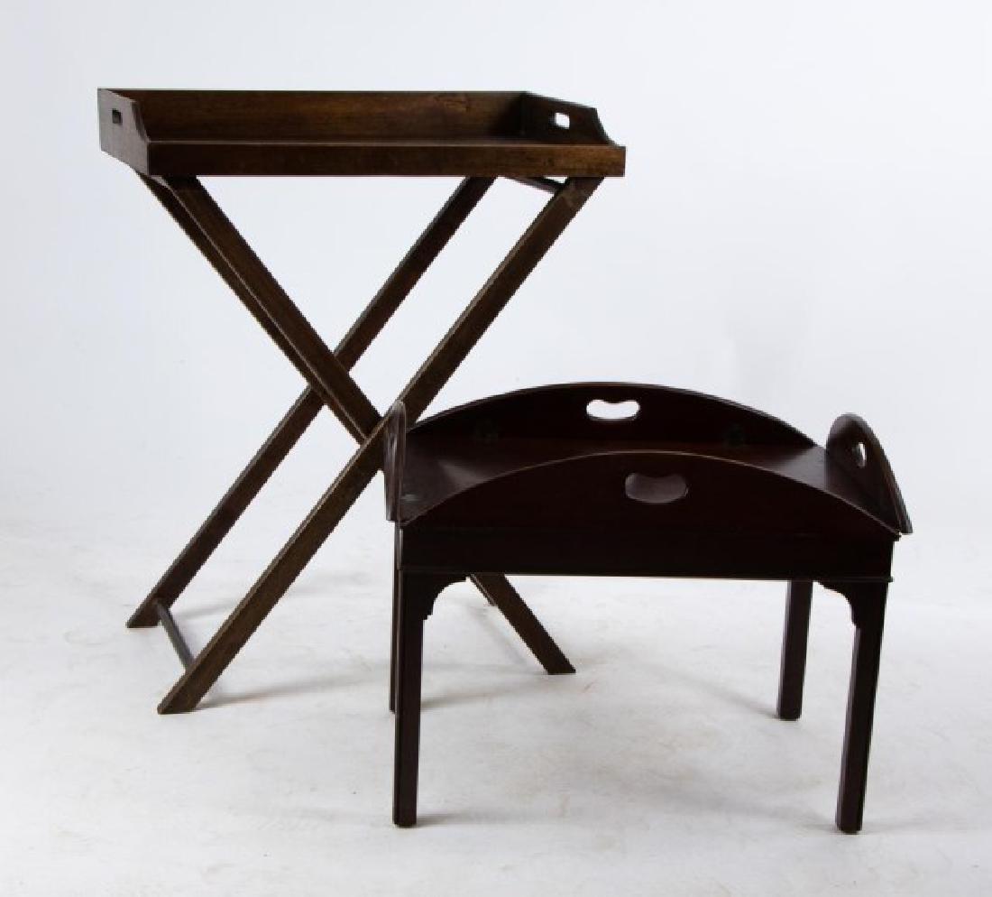 Mahogany Butler's Tray on Stand & Butler's Table: 1. Mahogany butler's tray on stand, early 20th century in the George III manner, removable tray with galleried sides and pierced handles, supported by a separate folding X-form stand; tray 29 3/4"W, 1