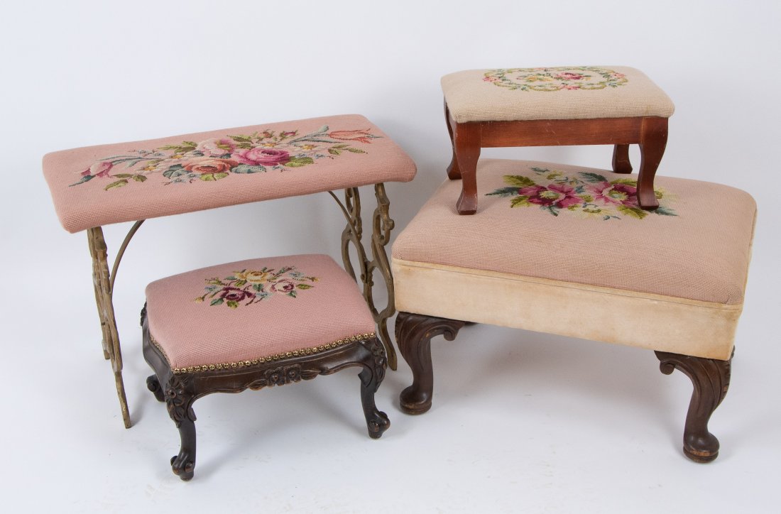 Louis XV Style Carved Footstool, 3 Other Stools: 1. Louis XV style carved mahogany stool, floral carved serpentine skirt and carved cabriole legs, needlepoint top, early 20th century; 15 1/2" x 12 3/4", 10"H---2. Rectangular stool or bench with carv