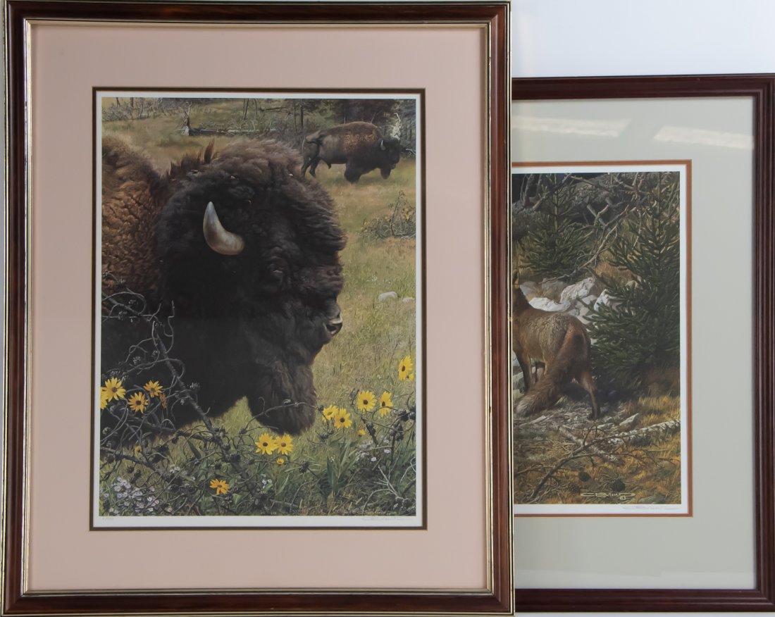 Carl Brenders Ltd. Ed. Prints--Bison & Fox: Two framed and signed Carl Brenders limited edition prints: 1. "Witness of a Past - Bison", numbered in pencil lower left "6/950" and signed in pencil lower right, matted and under glass in wood frame